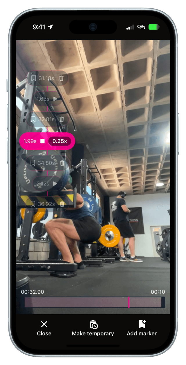 App screenshot showing video markers for slow-mo replay and time measurement