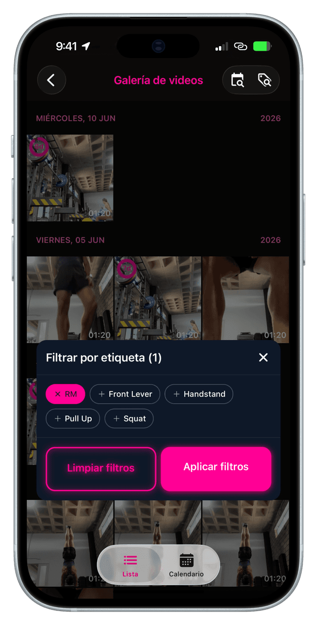 Captura de pantalla de la aplicación filtrando y buscando grabaciones por etiqueta