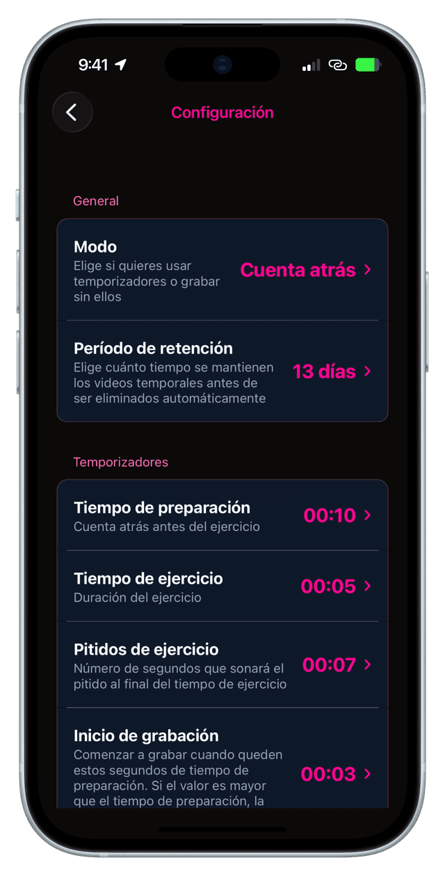Captura de pantalla de la aplicación en la pantalla de configuración