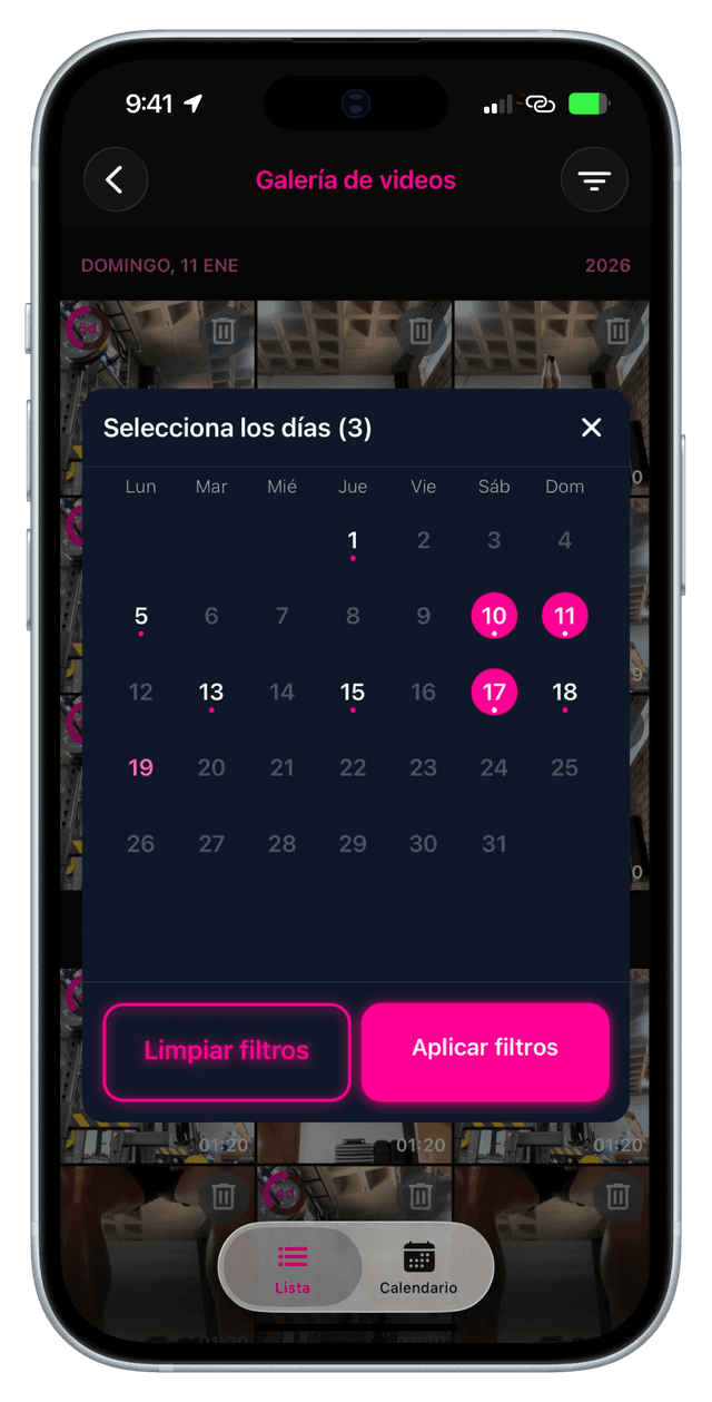 Captura de pantalla de la aplicación filtrando grabaciones por fecha